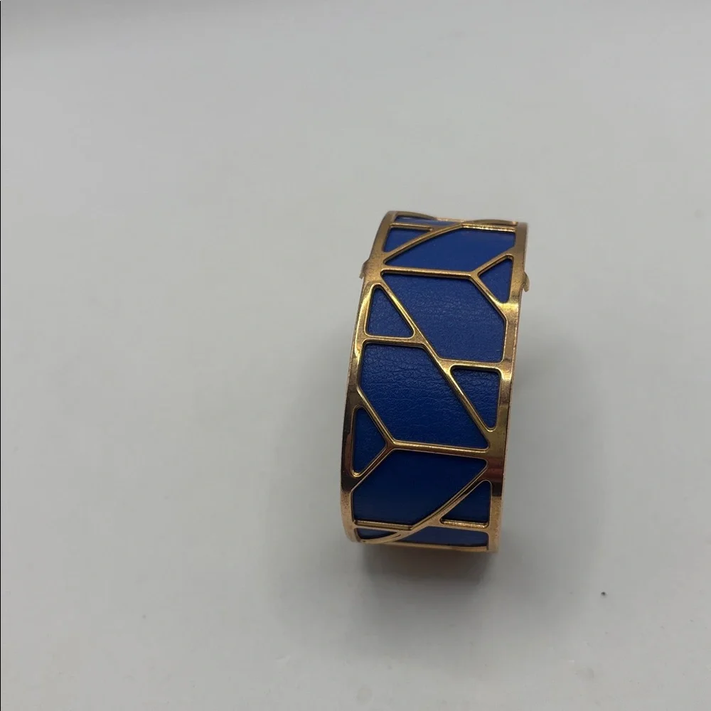Les Georgettes Solaire gold-finish cuff bracelet Capri blue leather insert Euro - Picture 8 of 8